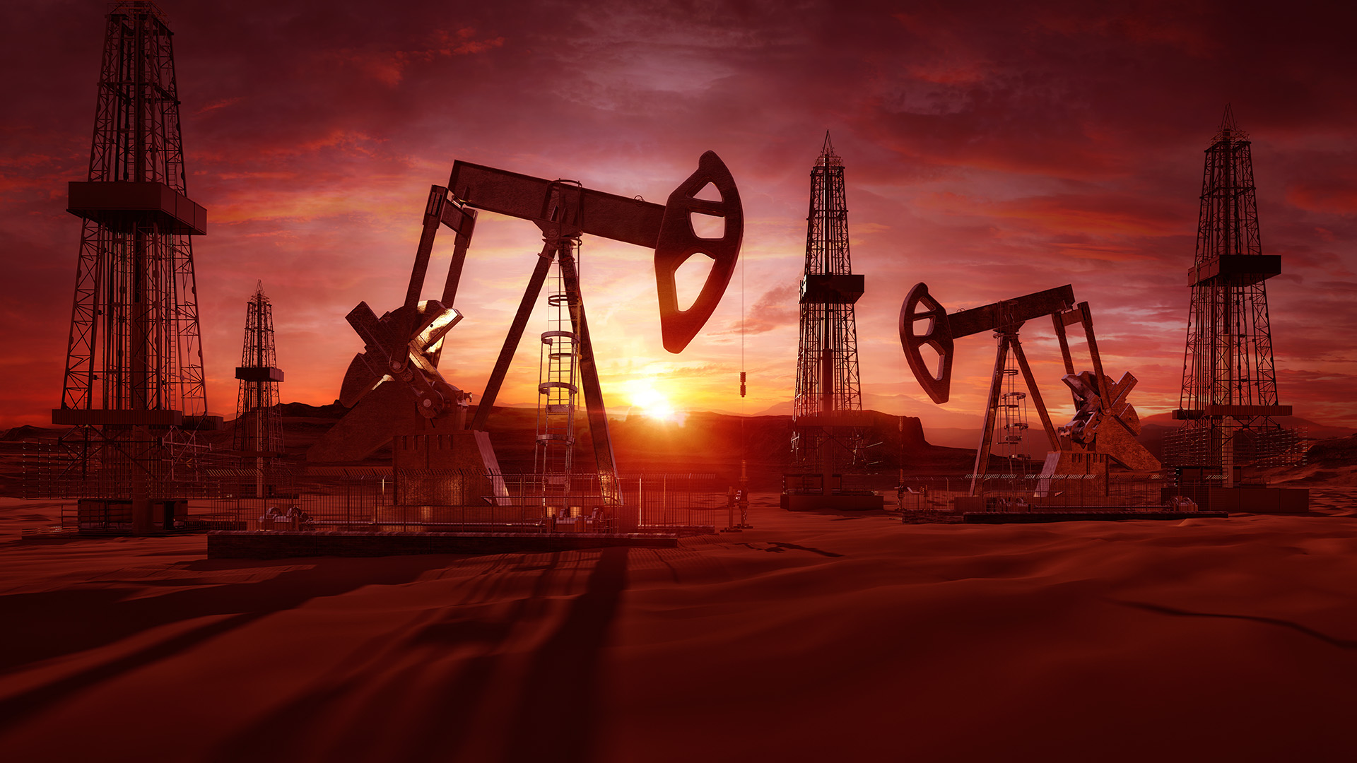 Crude Oil pumps in a sunset view