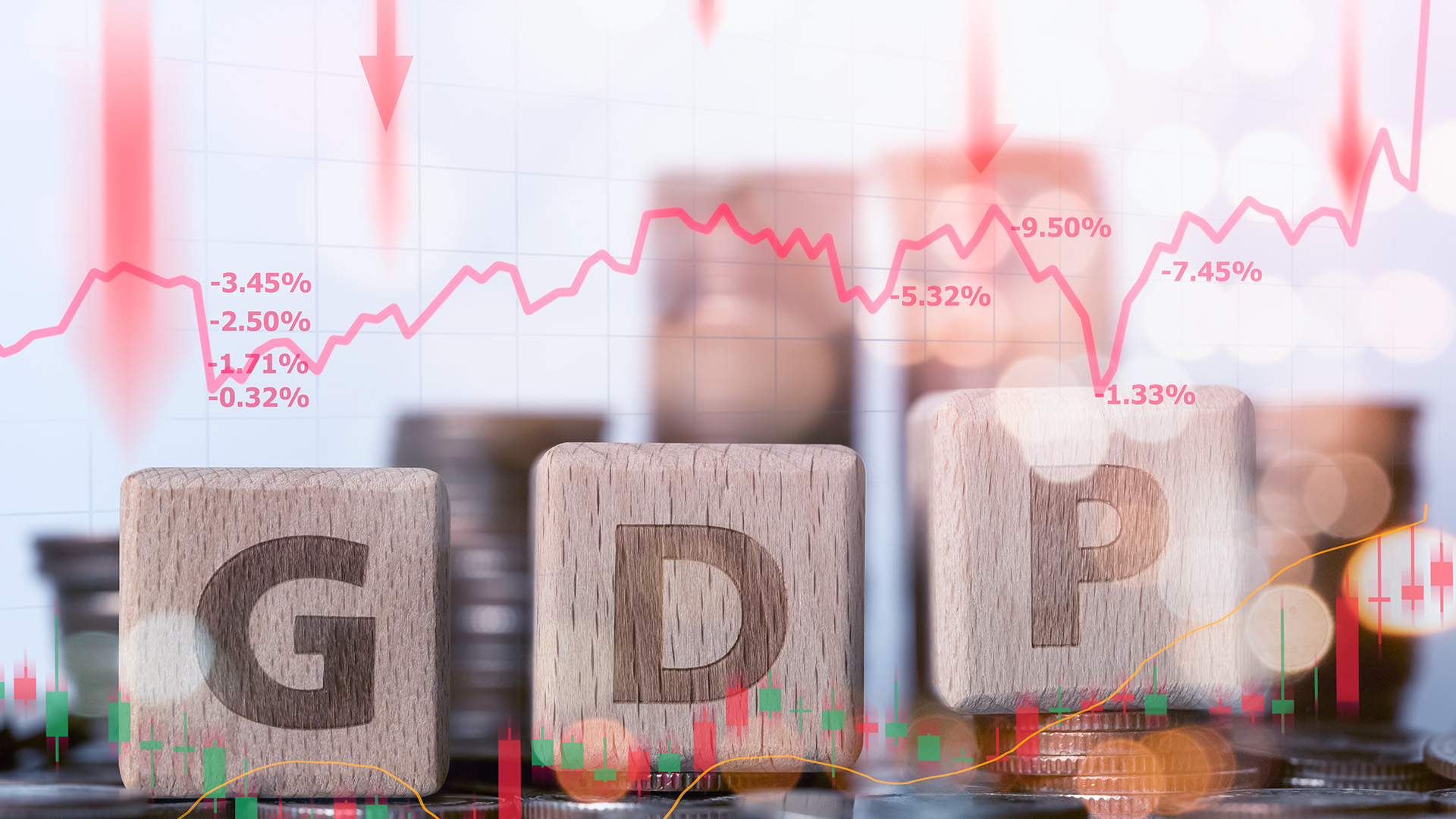 U.S. GDP in wooden blocks showing Declines for the Second Consecutive Quarter