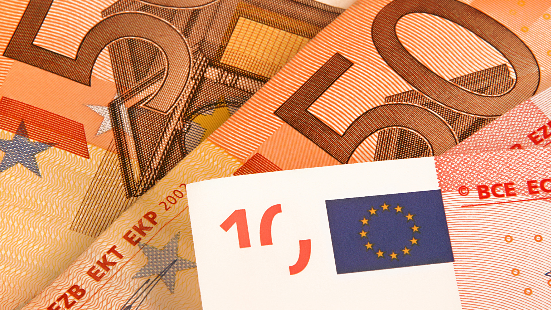 Euro 50 bills showing that euro is at 20 years low dollar to new highs