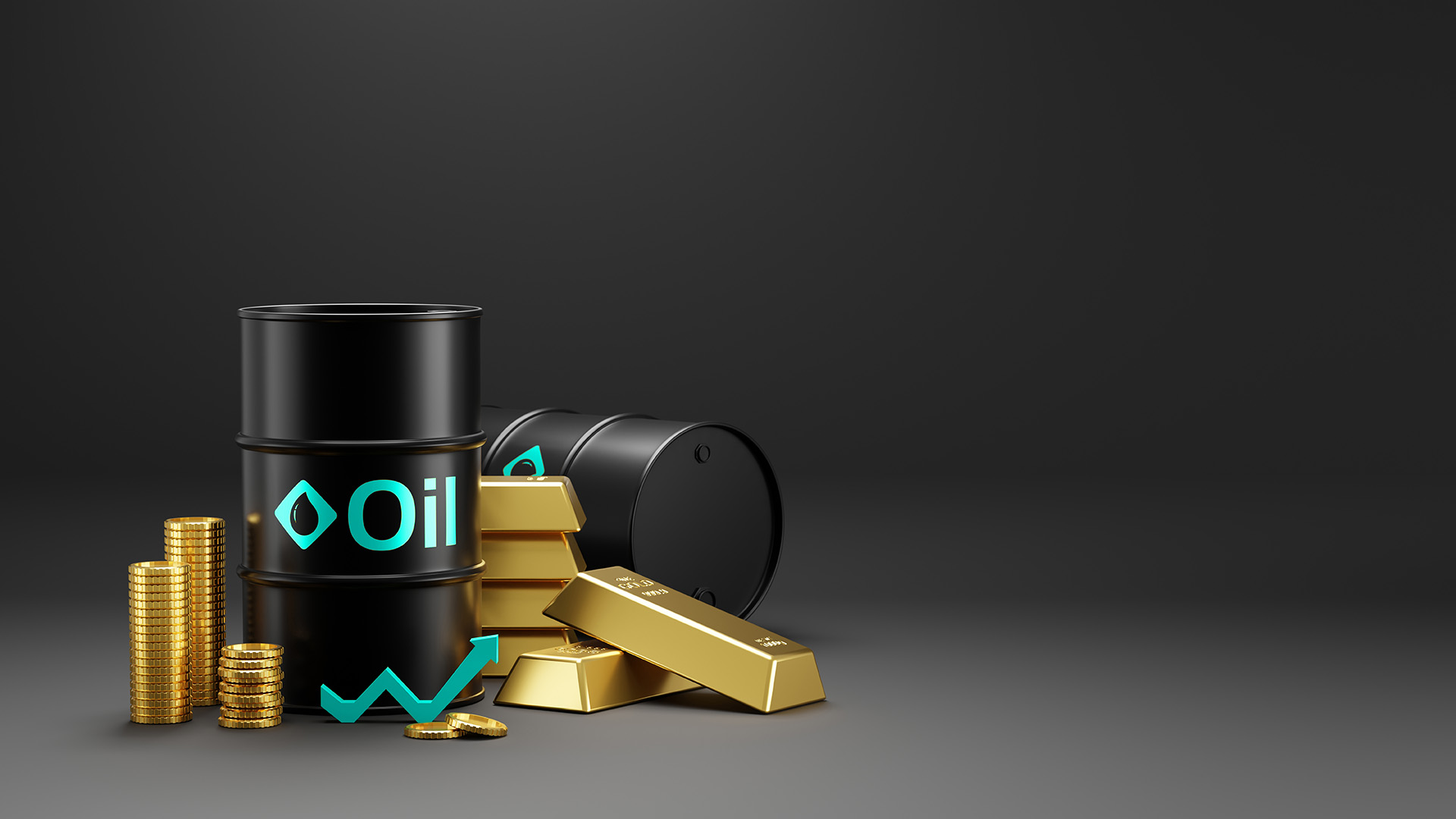 Markets Between Recession and Inflation showing barrels of crude oil and gold bars in a grey background