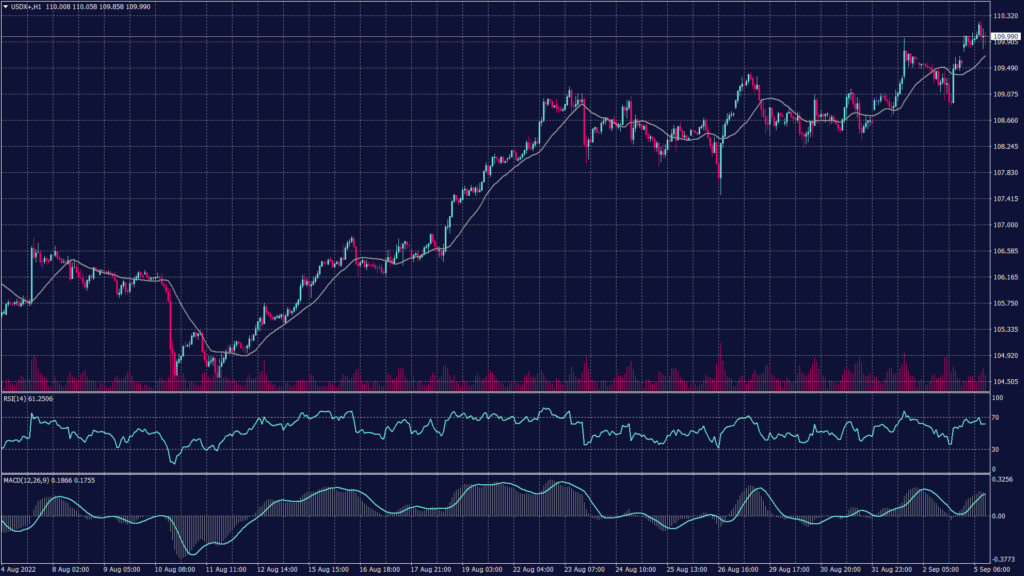 US dollar index chart showing that the momentum slowed this morning which might lead prices to decline towards 109.70.