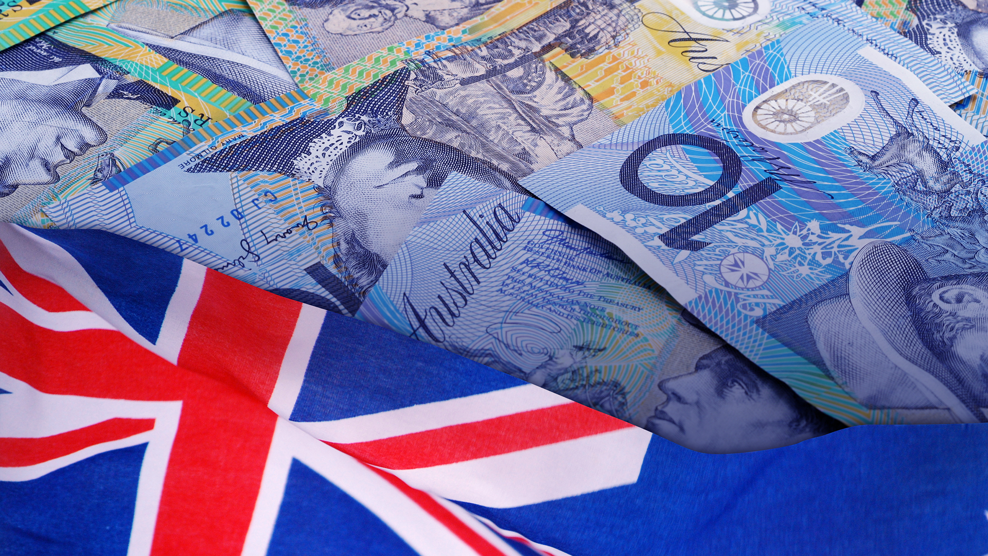 Australia flag and bills of Australian dollars amid Australian Inflation Spikes