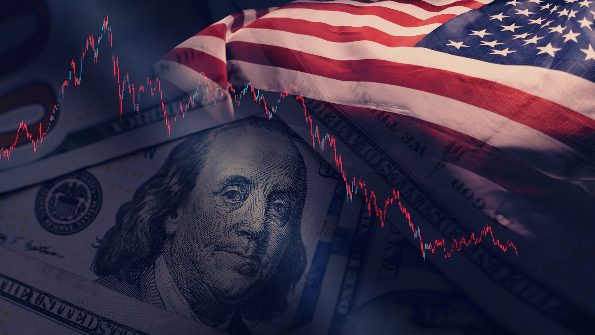 US dollar bill and US flag in a dark overlay amid The Dollar Falls After the Fed's Interest Rate Decision