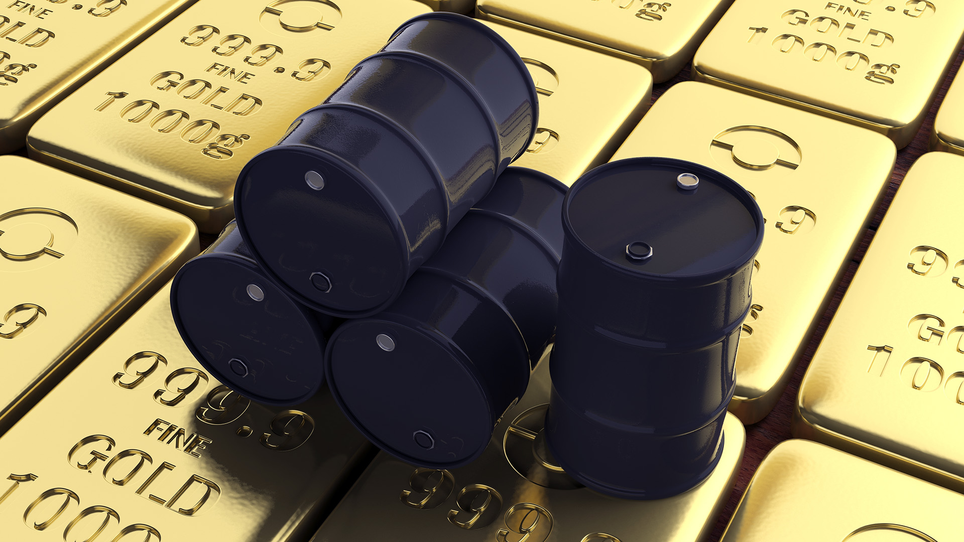 Gold bars and barrels of crude oil amid Gold Rebounds While Oil Stabilizes
