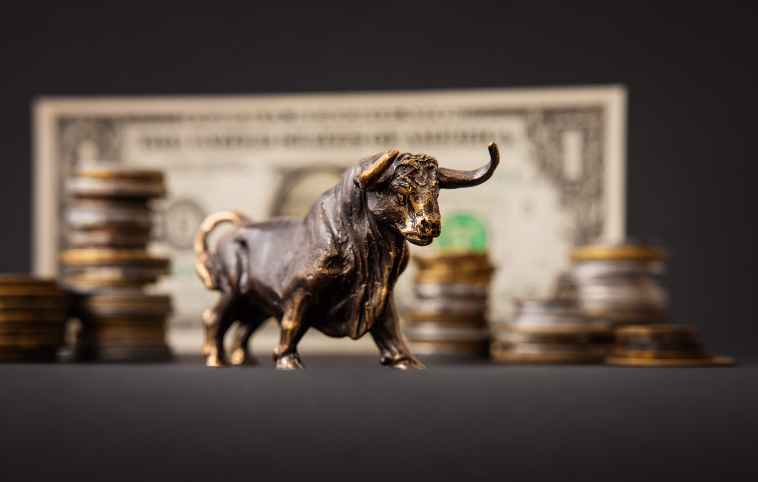 A bull with a background of US dollar bills and coins amid The Dollar Stabilizes Within a General Bullish Trend