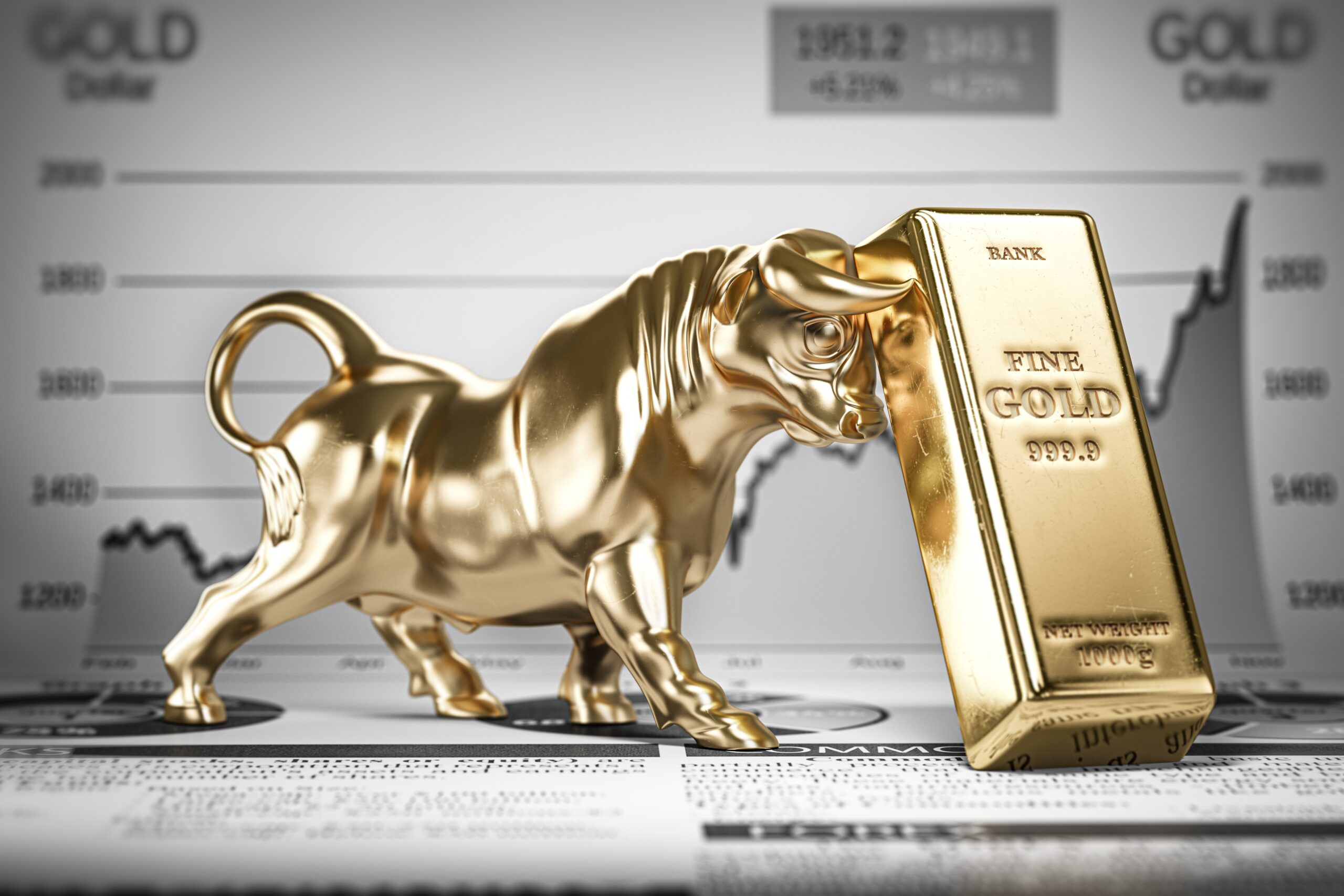 A gold plated bull and a gold bar amid Gold is on the Bullish