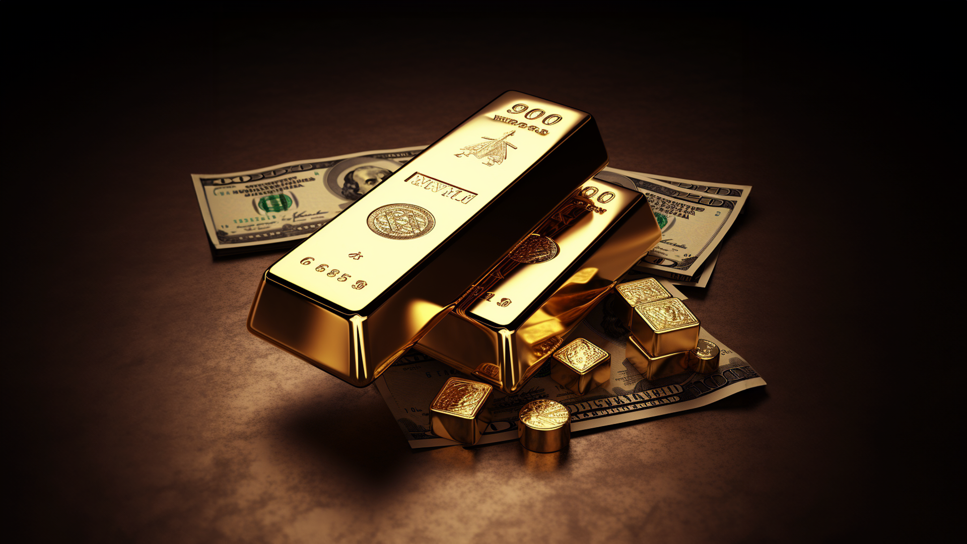 gold bar and dollar notes.